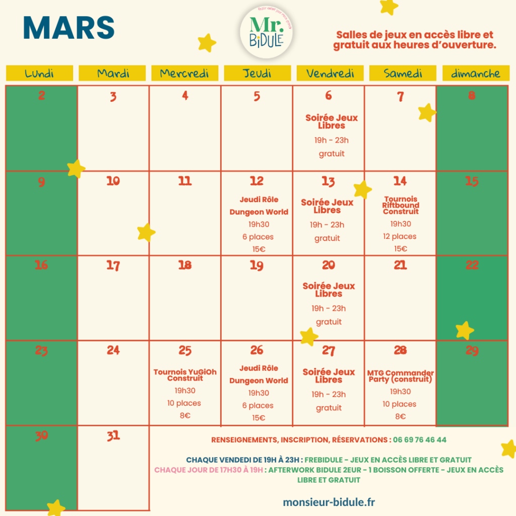 Planning des événements et animation du mois de mars 2026
