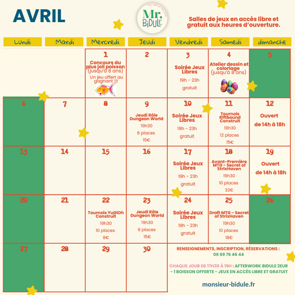 Le planning complet de vos rendez-vous chez Monsieur BIDULE en avril 2026